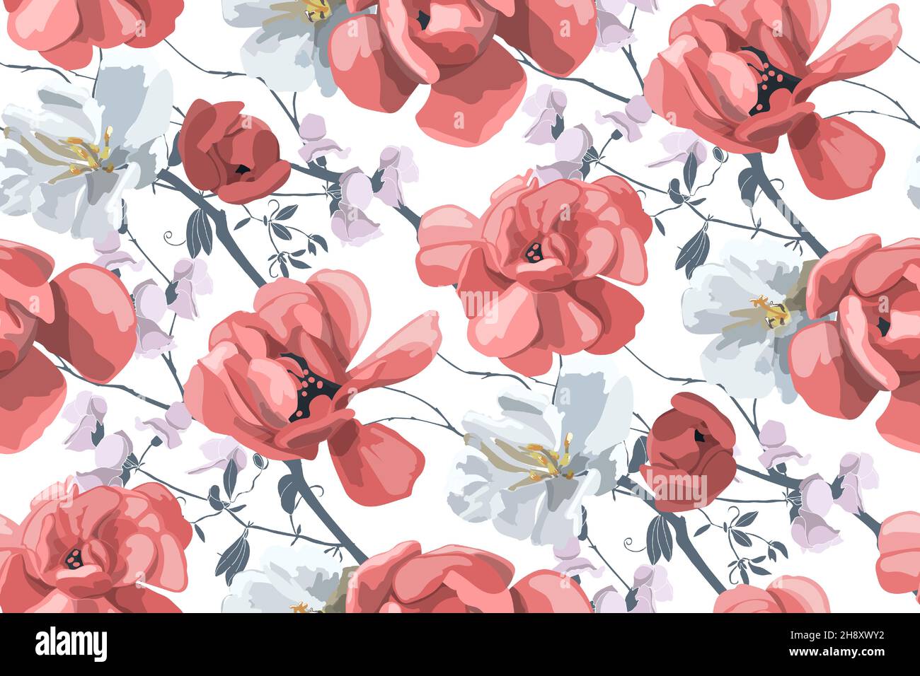 Vektor-Nahtloses Blumenmuster. Wunderschöne grau-weiße und rote Blüten auf weißem Hintergrund. Stock Vektor