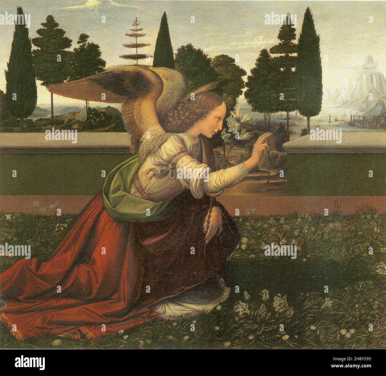 L'Annonciation est un tableau de l'atelier de Verrocchio, attribué à Léonard de Vinci et exposé à la galerie des Offices de Florence. Détail Stockfoto