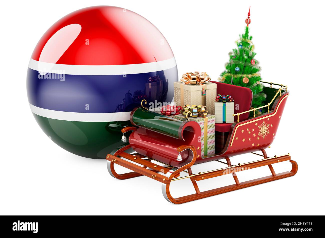 Weihnachten in Gambia, Konzept. Weihnachtsmann Schlitten voller Geschenke mit gambischer Flagge. 3D Darstellung isoliert auf weißem Hintergrund Stockfoto