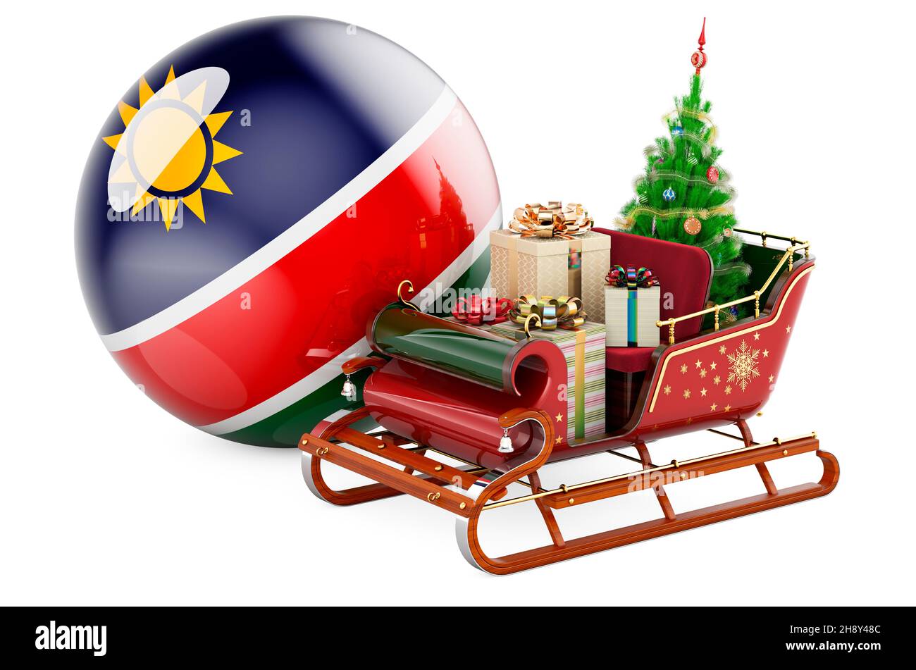 Weihnachten in Namibia, Konzept. Weihnachtsmann Schlitten voller Geschenke  mit namibischer Flagge. 3D Darstellung isoliert auf weißem Hintergrund  Stockfotografie - Alamy