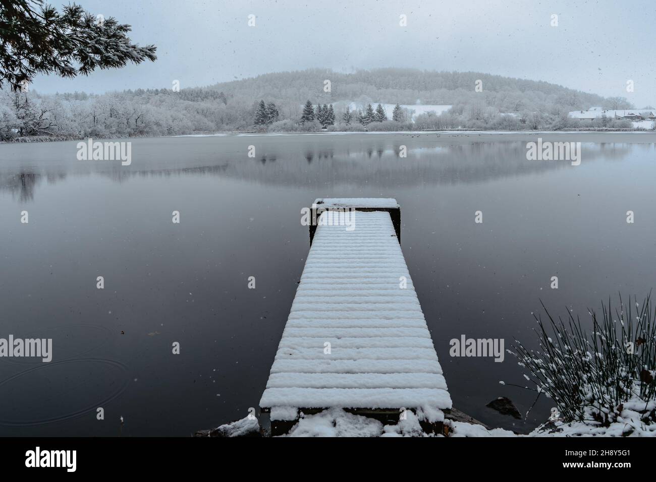 Hölzerner Pier auf See mit frischem Schnee bedeckt.Winterteich mit kleinem Steg am nebligen Morgen.Foggy bewölkte Landschaft im Wasser reflektiert. Weißer Winter Stockfoto