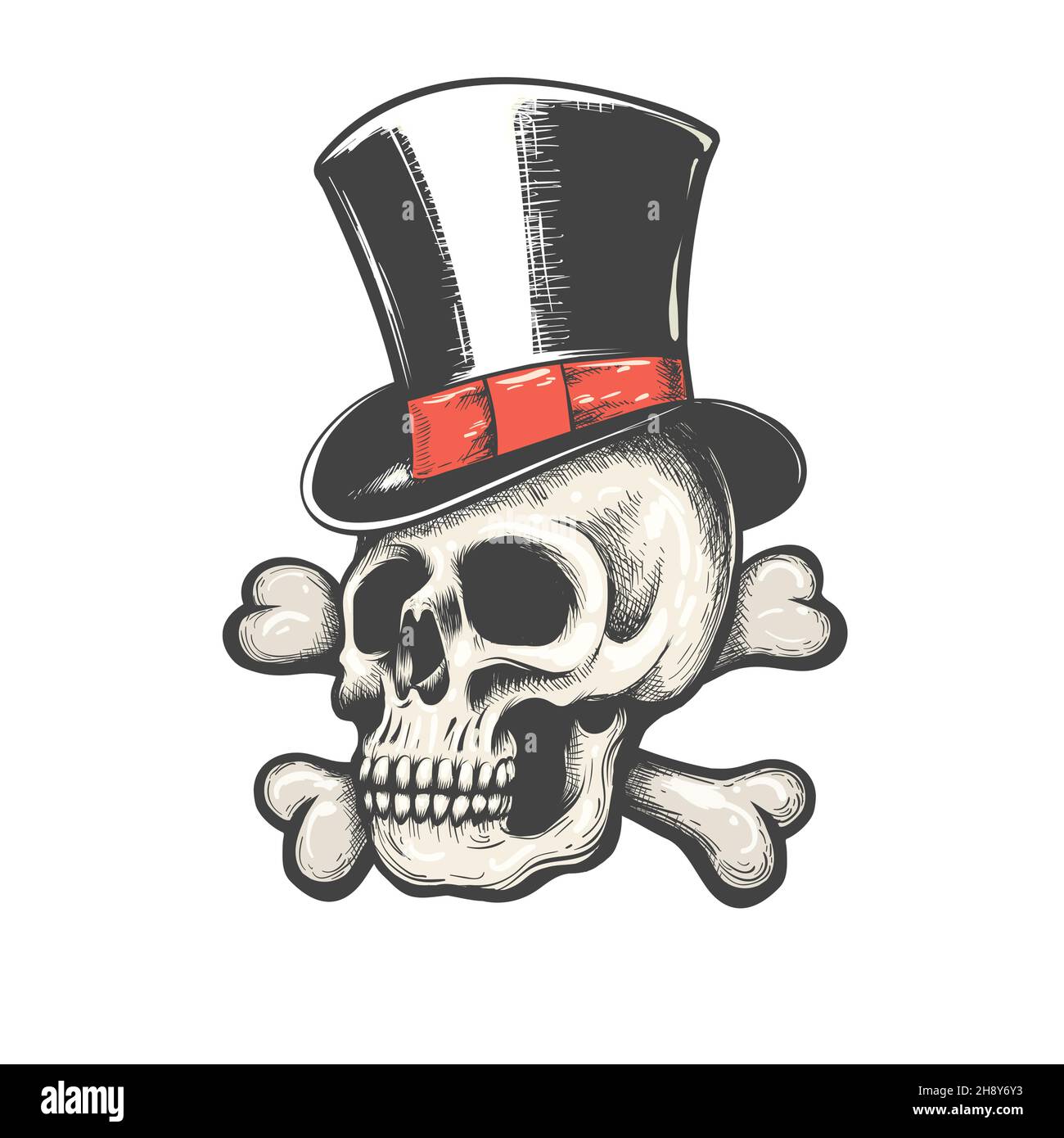 Tattoo of Skull in Gentleman Zylinderhut isoliert auf weiß. Vektorgrafik. Stock Vektor
