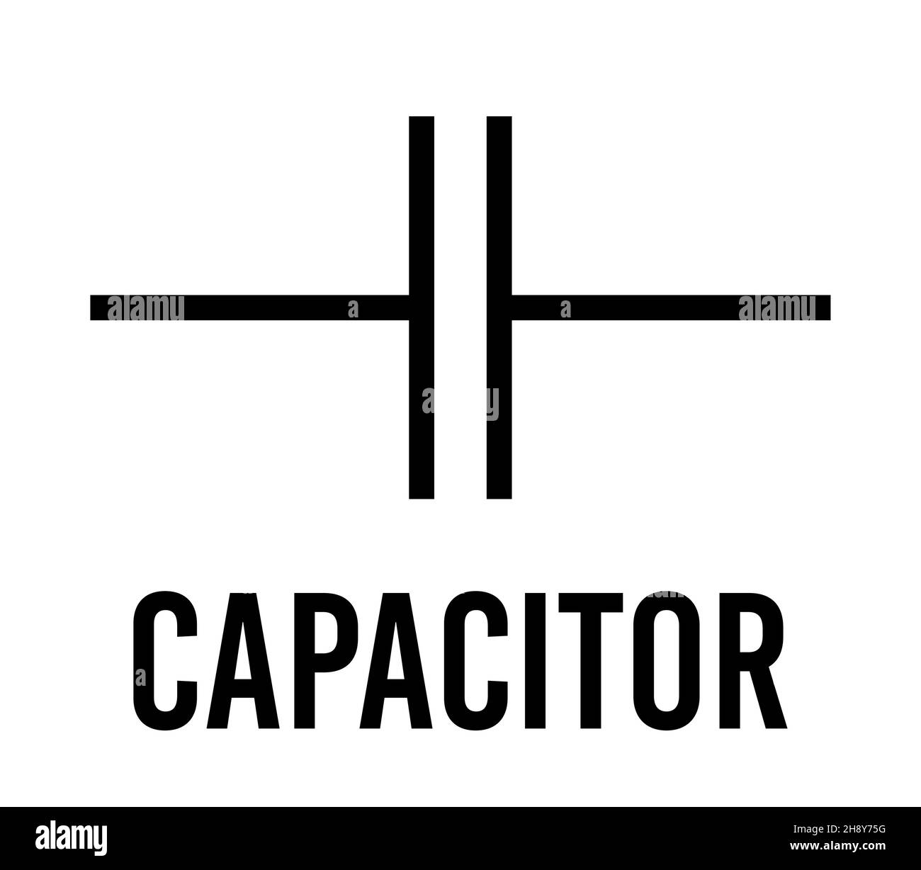 Kondensator elektronische Komponente, Vektor-Symbol flaches Design-Konzept. Elektrizitätsphysik-Programm für Bildung. Schwarz auf weißem Hintergrund. Stock Vektor