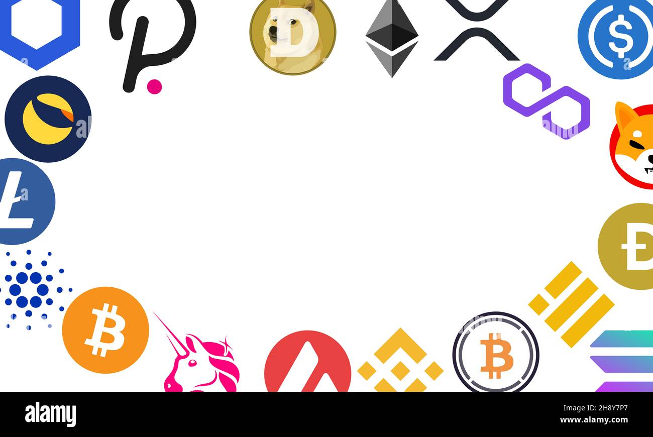 Kryptomen auf weißem Hintergrund,3D Abbildung,Bitcoin,Ethereum, Binance, Solana, Tether und andere Kryptomen nützlich für Banner, Postkarte Stockfoto