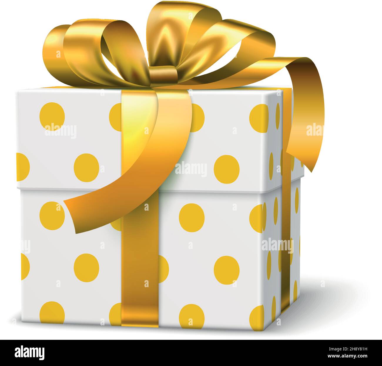 Realistische Geschenkbox. Geschenkpapier mit goldenem Punktmuster und Schleife gebunden Stock Vektor