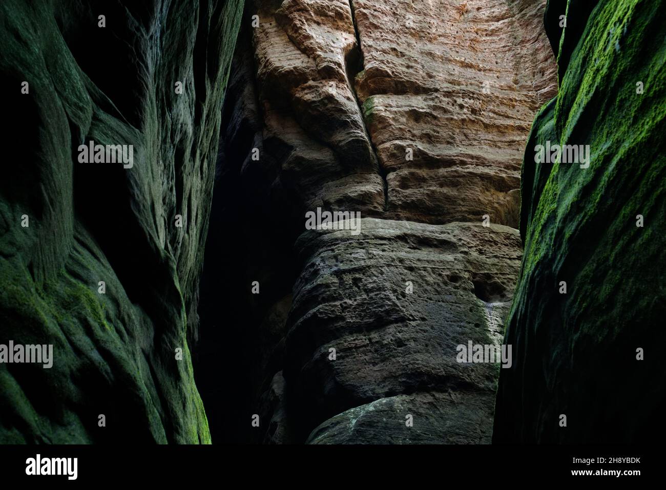 Sandsteinfelsen - braun und grün, mit Moos bedeckt, raue Steinstruktur in verschiedenen Farben - abstrakte Hintergründe Stockfoto