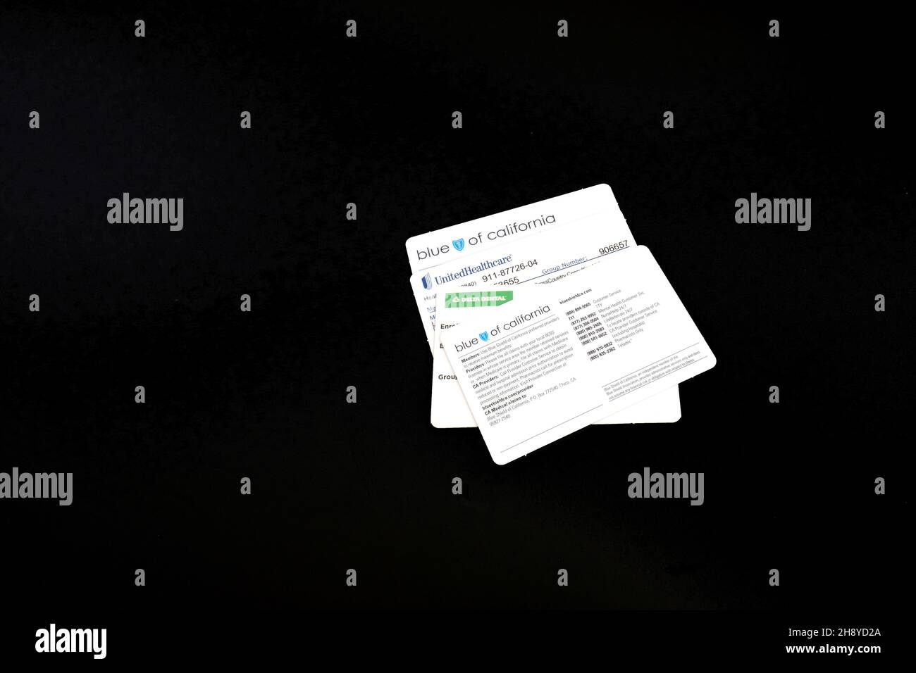 Blue Shield of California, United Healthcare, Delta Dental Versicherungskarten; Gesundheitsdienstleister im System der Leistungsverwaltung von TriNet. Stockfoto
