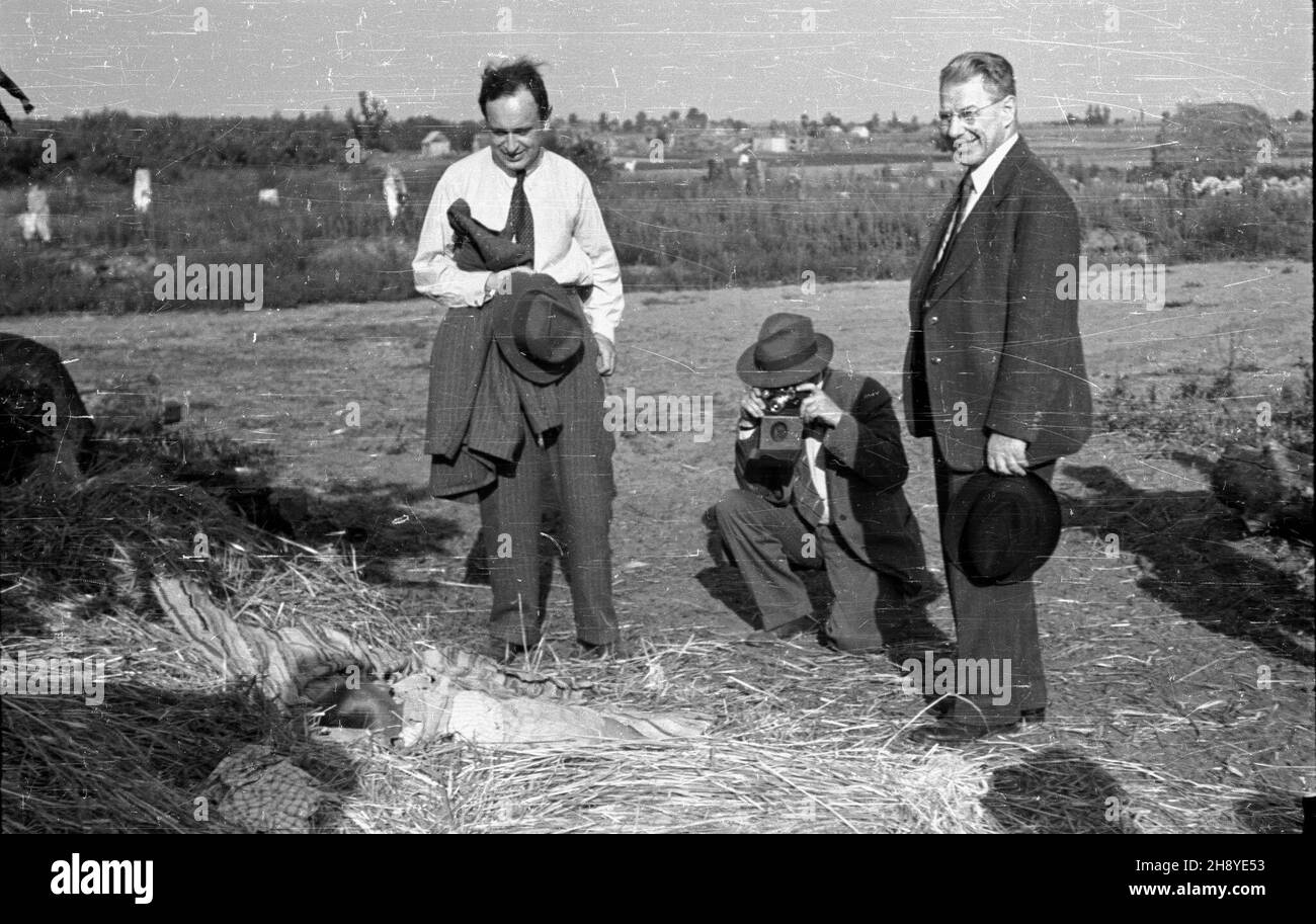 Okolice Warki, 1946-08-18. Wizyta delegacji Podkomisji ONZ do Spraw Odbudowy Gospodarczej Terenów Zniszczonych w pasie zniszczeñ pod Wark¹. ps/gr PAP/Jerzy Baranowski Warka, 18. August 1946. Delegierte der UN-Kommission für den wirtschaftlichen Aufbau zerstörter Gebiete betrachten zerstörte Gebiete in der Nähe von Warka. ps/gr PAP/Jerzy Baranowski Stockfoto