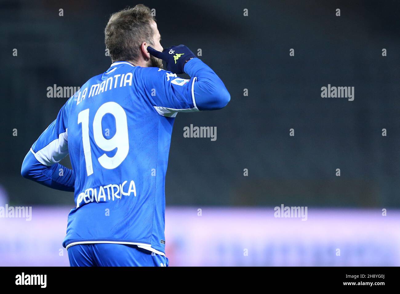 Andrea La Mantia vom FC Empoli feiert am 2. Dezember 2021 im Stadio Olimpico in Turin, Italien, das zweite Tor seines Teams während der Serie A-Partie zwischen dem FC Turin und dem FC Empoli. Stockfoto