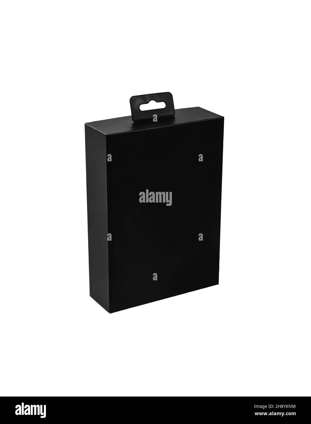 Schwarze Box isoliert auf weißem Hintergrund. Geschenkverpackung. Stockfoto