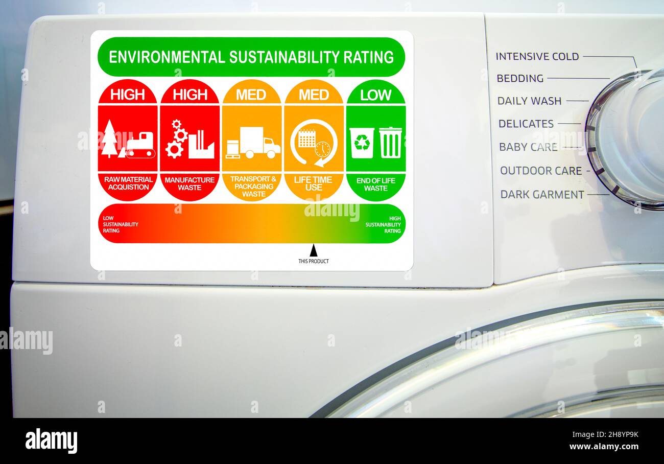 Nachhaltigkeits-Rating-Label auf der Waschmaschine, Umweltinformationen auf Konsumgüterkonzept Stockfoto