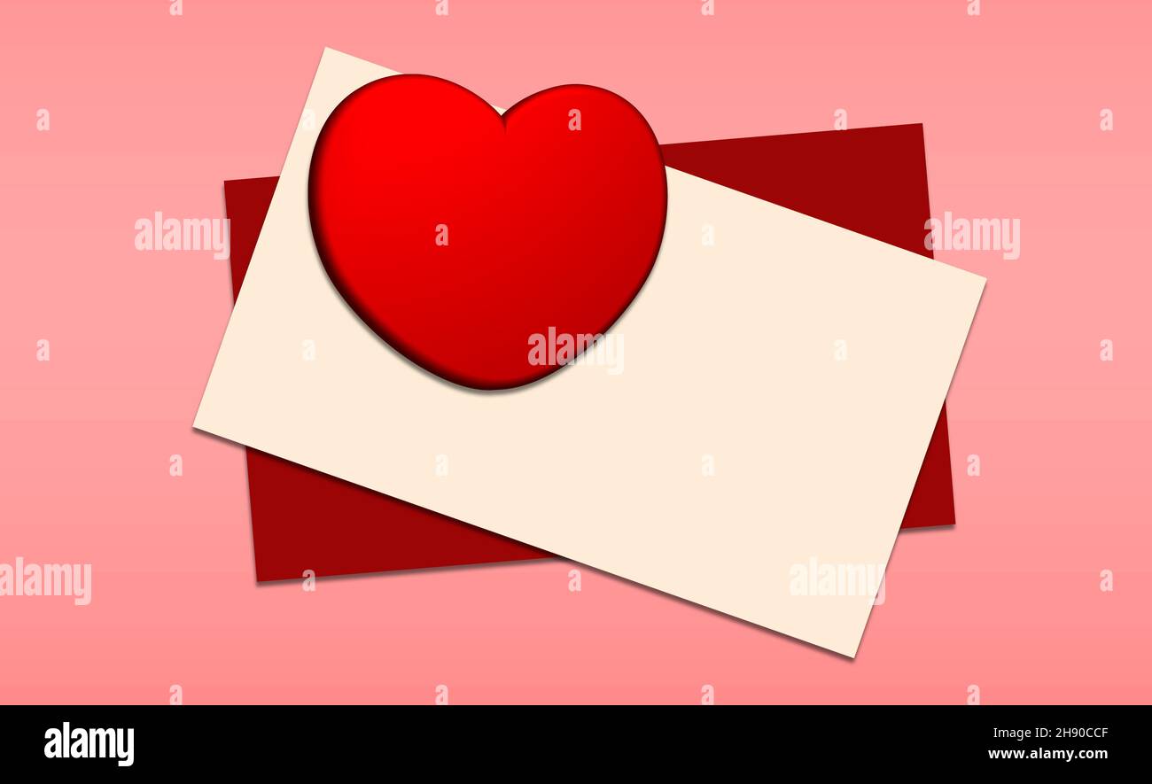 Schöner Liebesbrief mit rotem Herz und unbeschrifttem Papier. Roter Umschlag auf rosa Hintergrund. Schöner Brief aus dem Herzen Konzept. Valentinstag, Stockfoto
