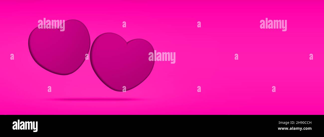 Zwei Rosa Herzen Minimal Banner. Schöne schöne schöne 2 Herz 3D Form in Pink Horizontal Hintergrund. Minimalistisches Designkonzept. Hochzeiten, Valentinstag. Stockfoto