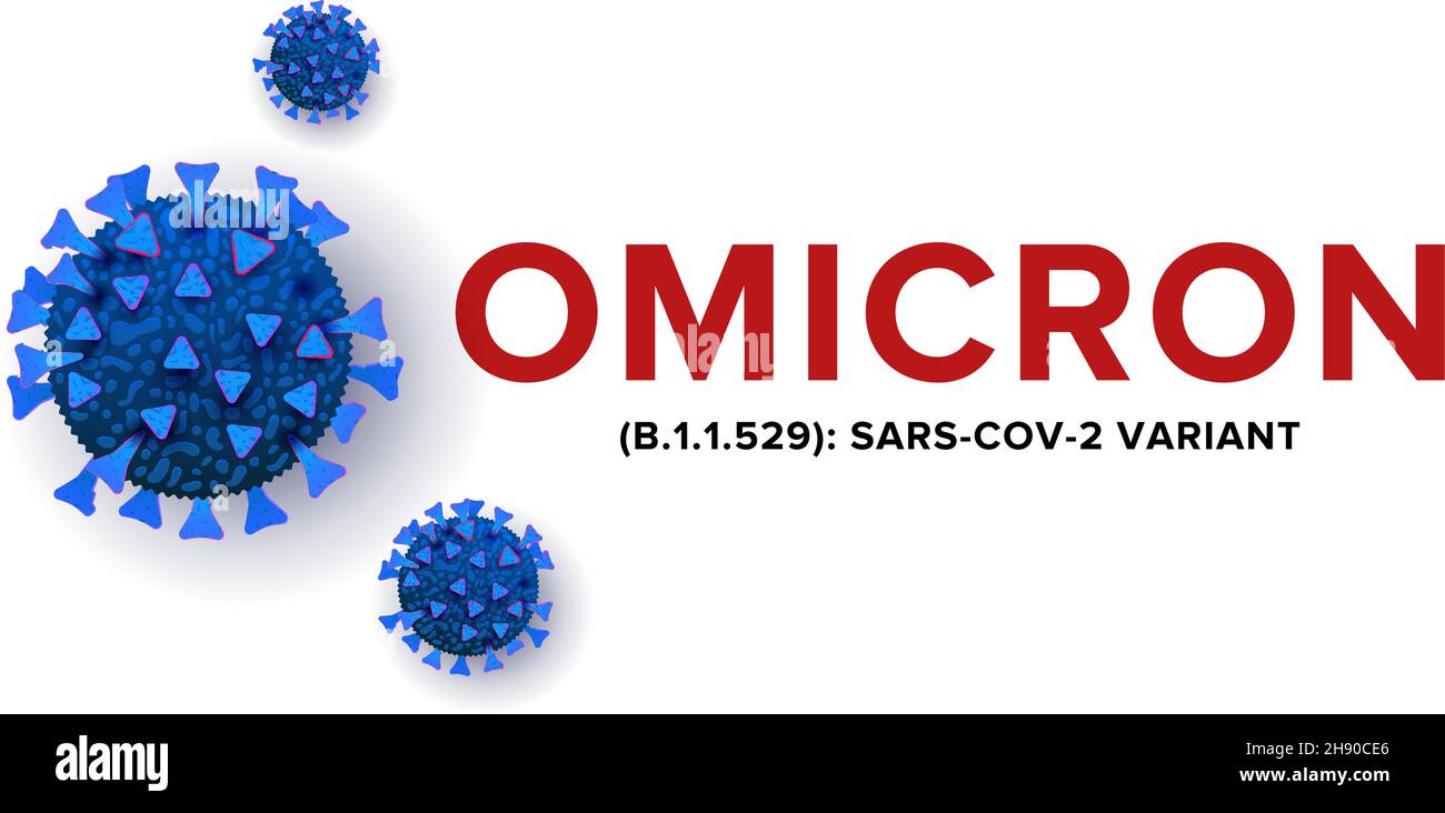 Neues Coronavirus oder SARS-CoV-2 Variante Omicron B.1.1.529 realistisches Konzept mit Zellerkrankungen oder Covid-19 Bakterien auf weißem Hintergrund Stock Vektor