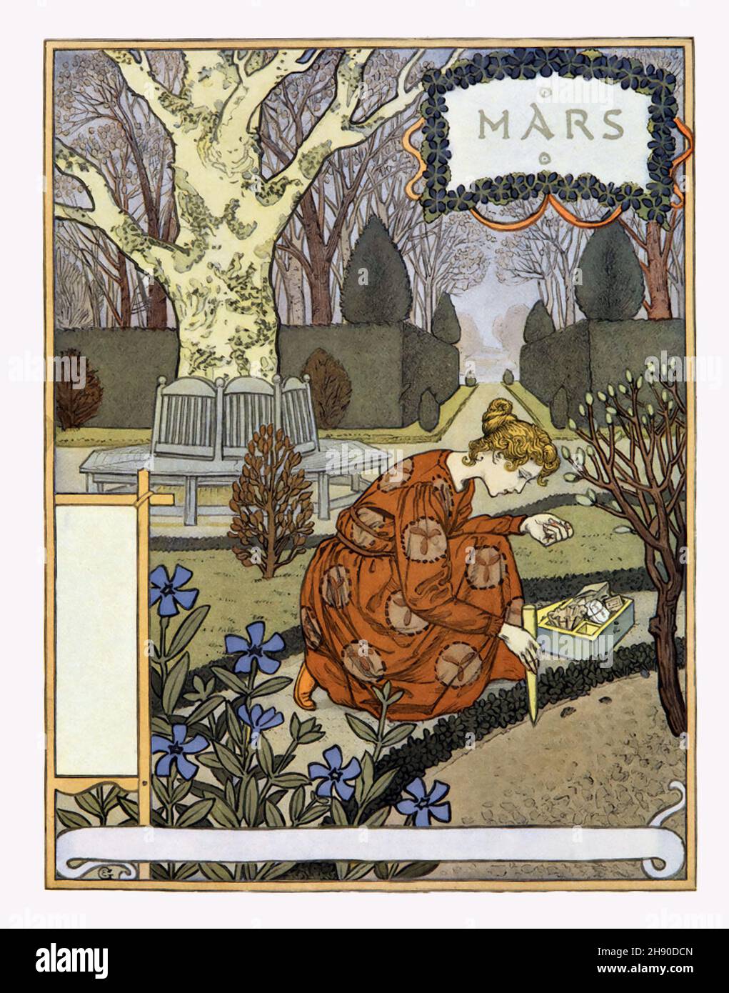 Mars-Mädchen, Eugène Grasset Kalender, Jugendstil-Illustration. 1896. Stockfoto