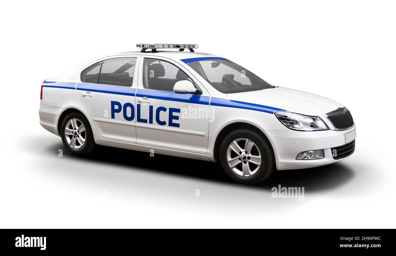 Polizeiauto auf weißem Hintergrund isoliert Stockfoto