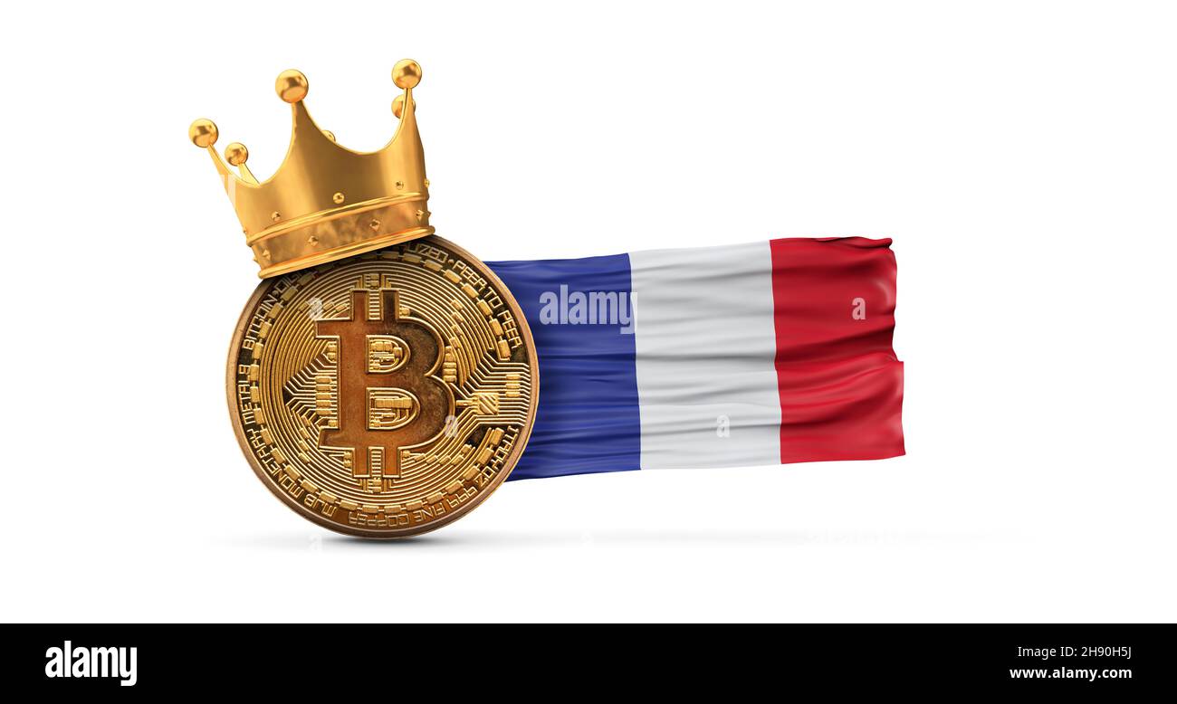 Bitcoin mit Goldkrone und Frankreich-Flagge. Kryptowährung King-Konzept. 3D Rendering Stockfoto