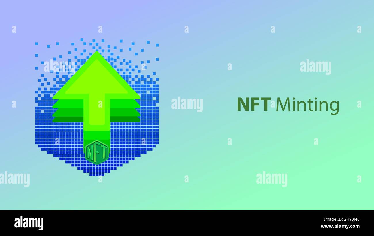 NFT-Prägung. Hochladen von NFT Art in den Blockchain-Prozess. Nicht fungible Vektor-Illustration für Token Stock Vektor