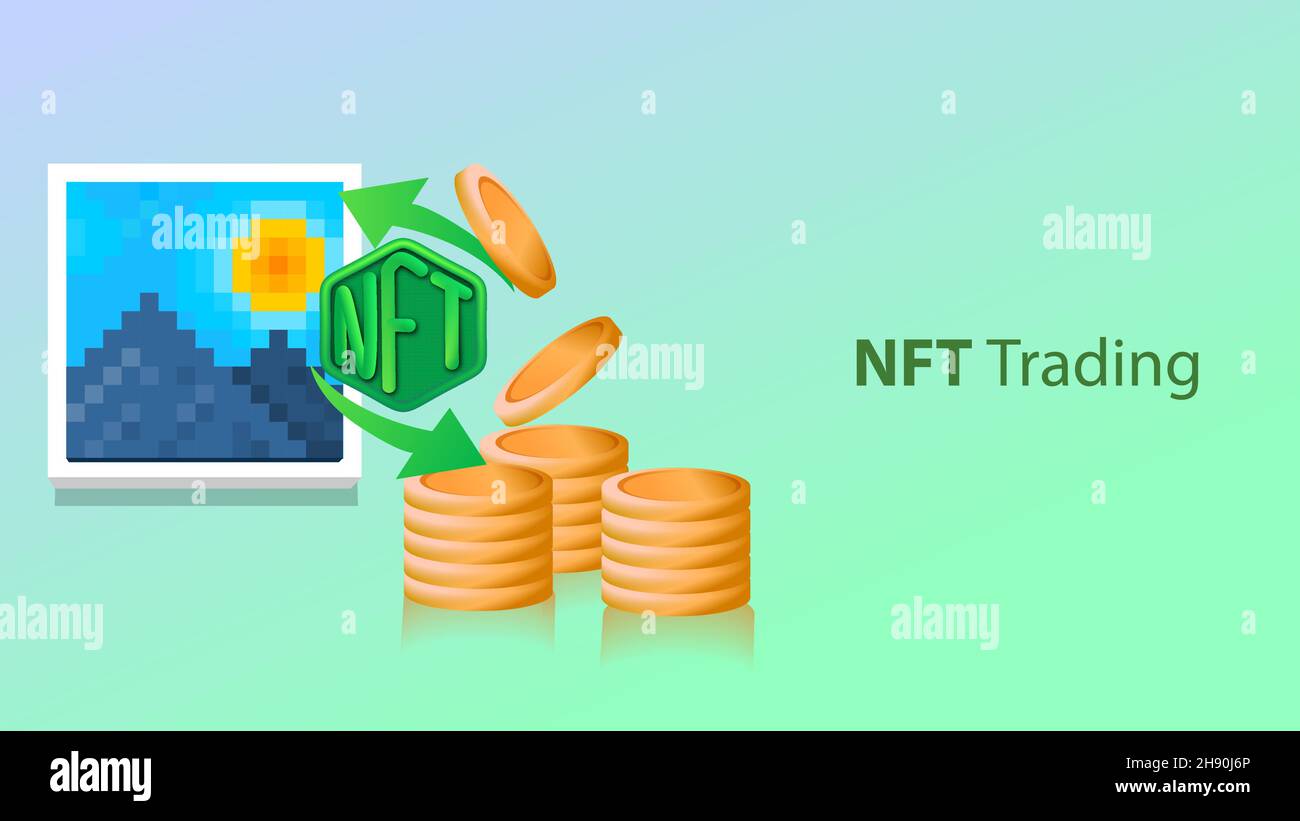 Trading NFT Non fungible Token Webbanner – Vektordarstellung Stock Vektor