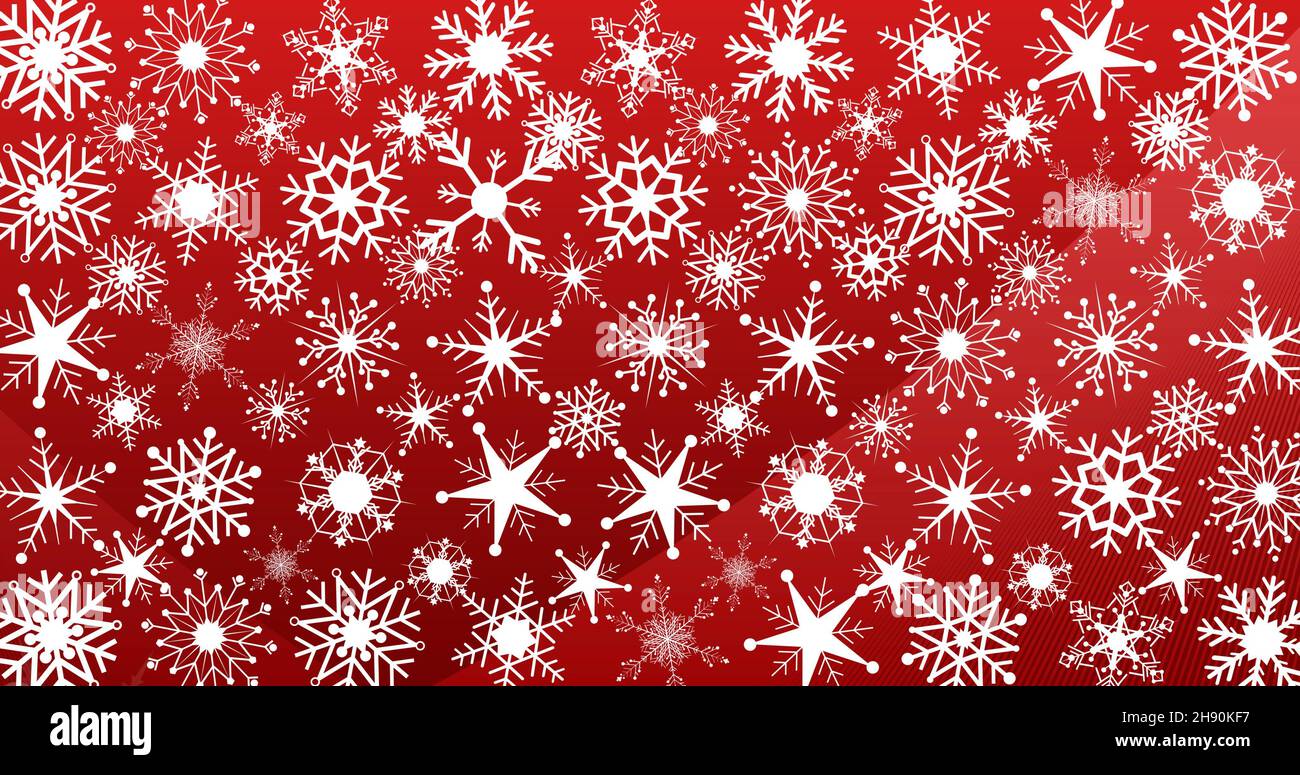 Vollbildaufnahme von weißen Schneeflocken und Sternformen auf rotem Hintergrund Stockfoto