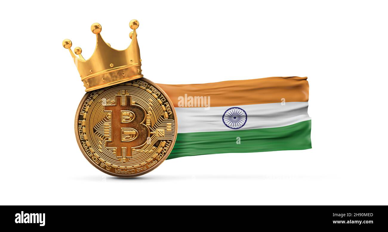Bitcoin mit Goldkrone und Indiens Flagge. Kryptowährung King-Konzept. 3D Rendering Stockfoto