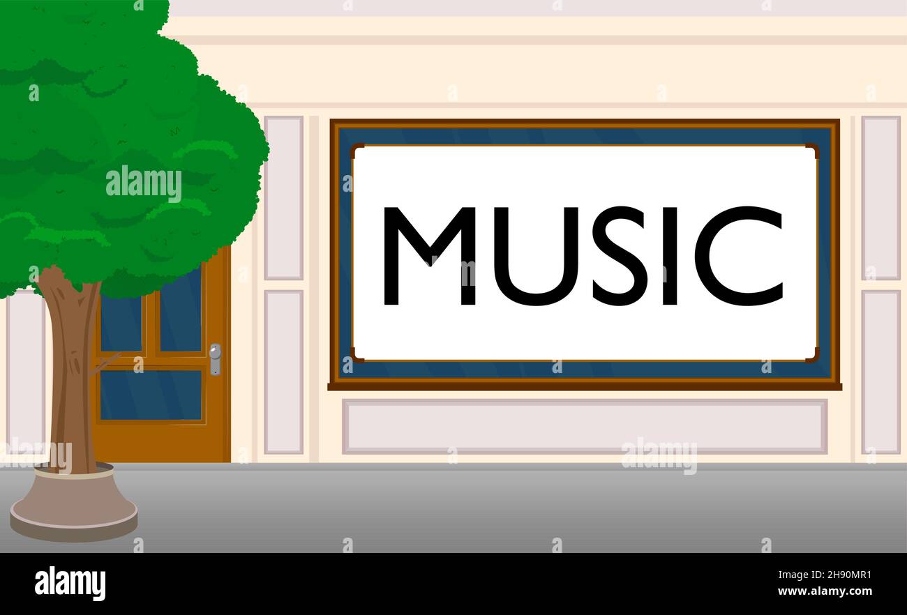 Musiktext mit Hintergrund der Vordertür. Geschäft, Geschäft oder Marktplatz vorne mit großem Schild. Musik hören Konzept. Stock Vektor