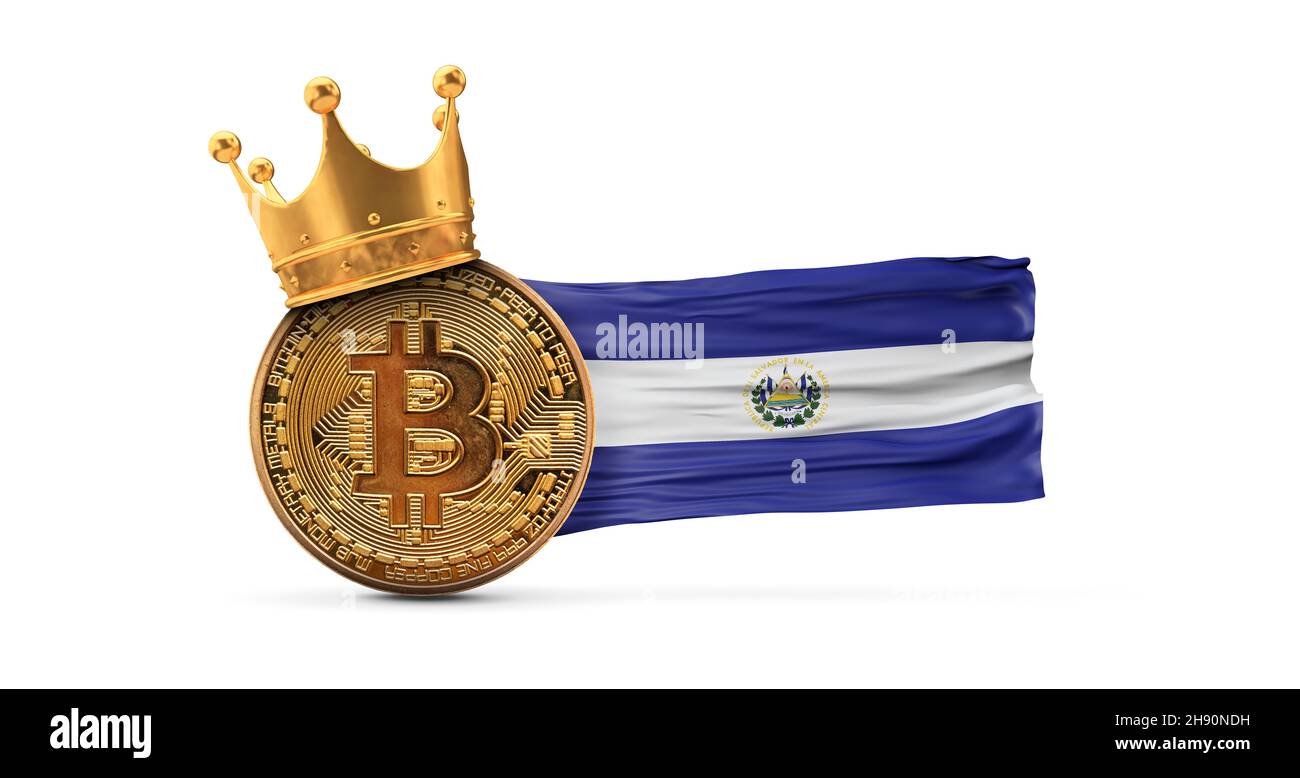 Bitcoin mit Goldkrone und El Salvador Flagge. Kryptowährung King-Konzept. 3D Rendering Stockfoto