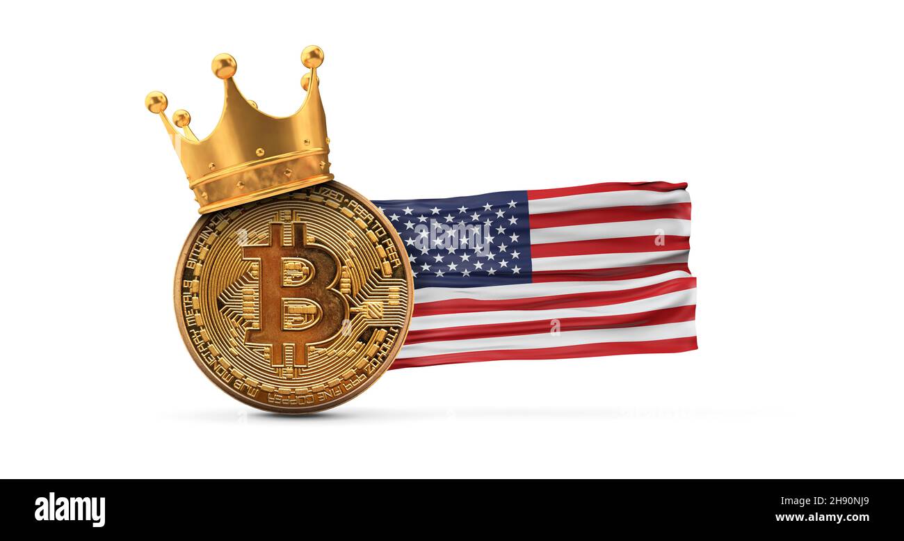 Bitcoin mit Goldkrone und USA-Flagge. Kryptowährung King-Konzept. 3D Rendering Stockfoto