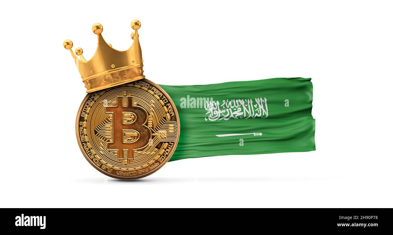 Bitcoin mit Goldkrone und Saudi-Arabien-Flagge. Kryptowährung King-Konzept. 3D Rendering Stockfoto