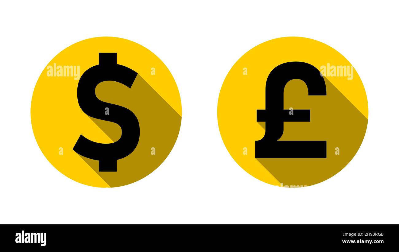 US Dollar Britisches Pfund oder Sterling Wechselkurs Währungszeichen oder Symbol Set mit einem Münzstil Design und 3D Schatten Effekt. Vektorbild. Stock Vektor
