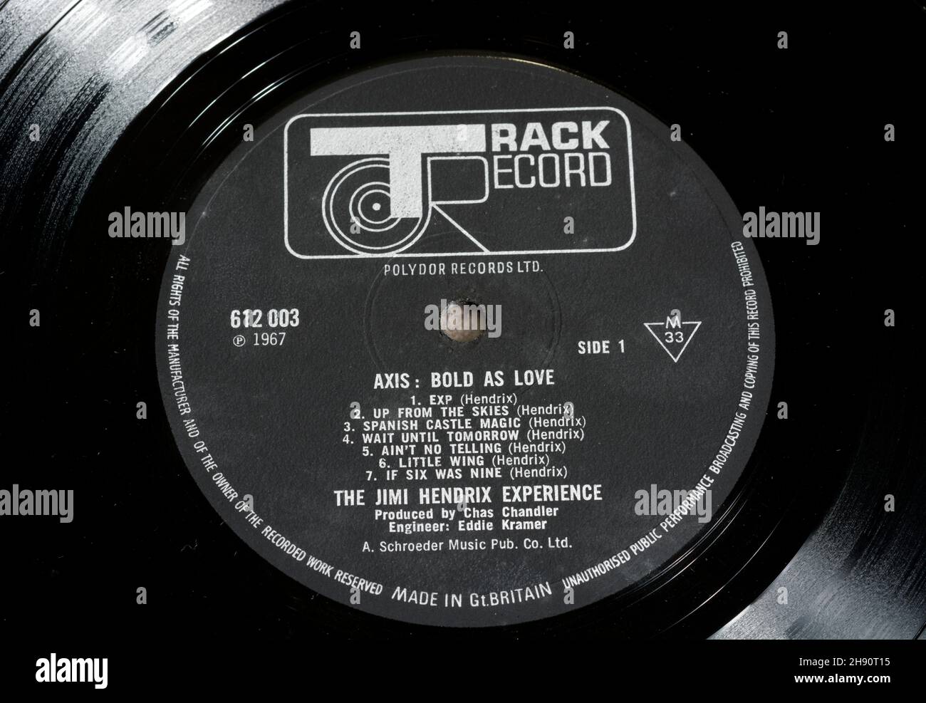 Die Jimi Hendrix Erfahrung. Axis: Bold as Love, Vinyl-Album auf dem Track-Label. Stockfoto