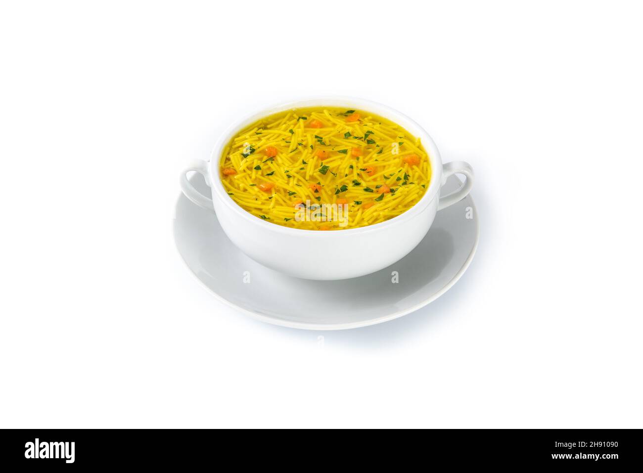 Hühnernudelsuppe isoliert auf weißem Hintergrund Stockfoto