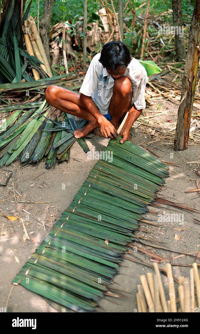 Handarbeiten mit Palmblättern. Sulawesi, Indonesien. Stockfoto