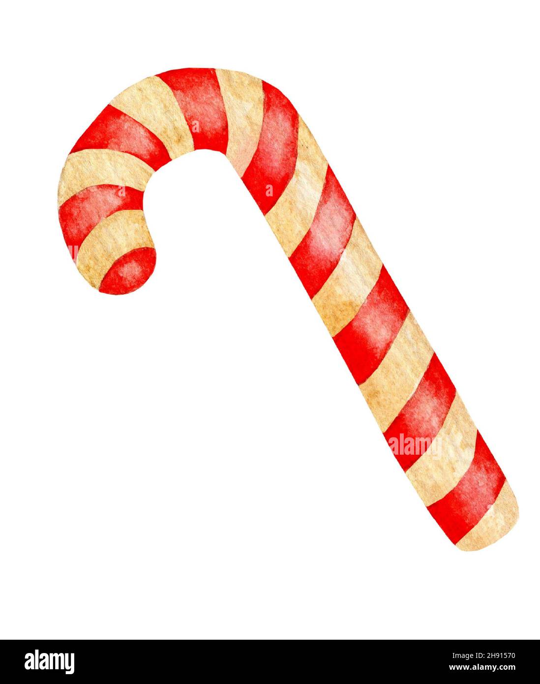 Weihnachtslollipop-Stock. Aquarell-Illustration eines festlichen Karamells mit roten und weißen Streifen. Neujahrsdekor und Leckereien. Von Hand gezeichnet. Stockfoto