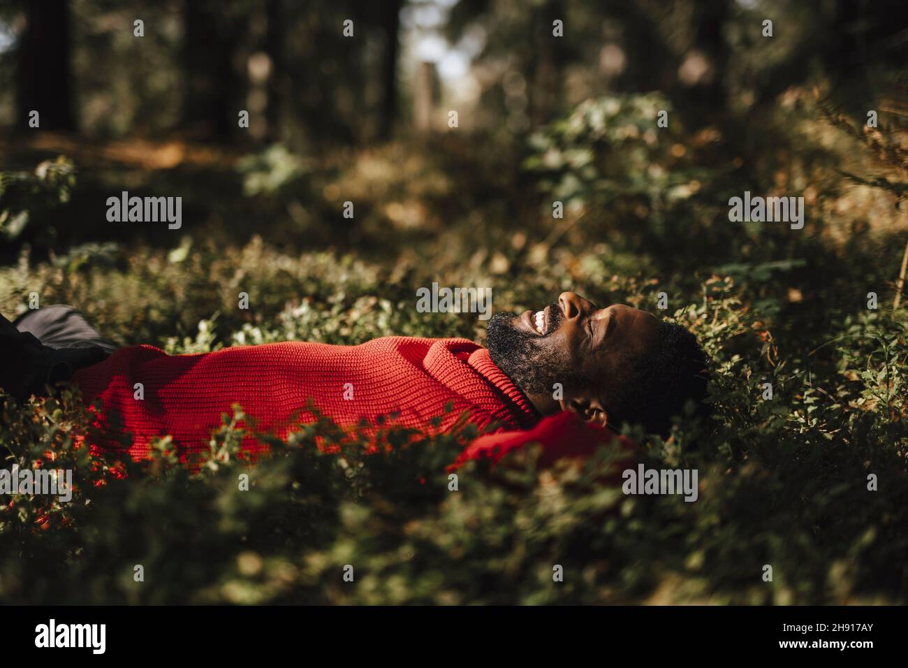 Lächelnder Mann, der sich während des Urlaubs im Wald ausruhte Stockfoto