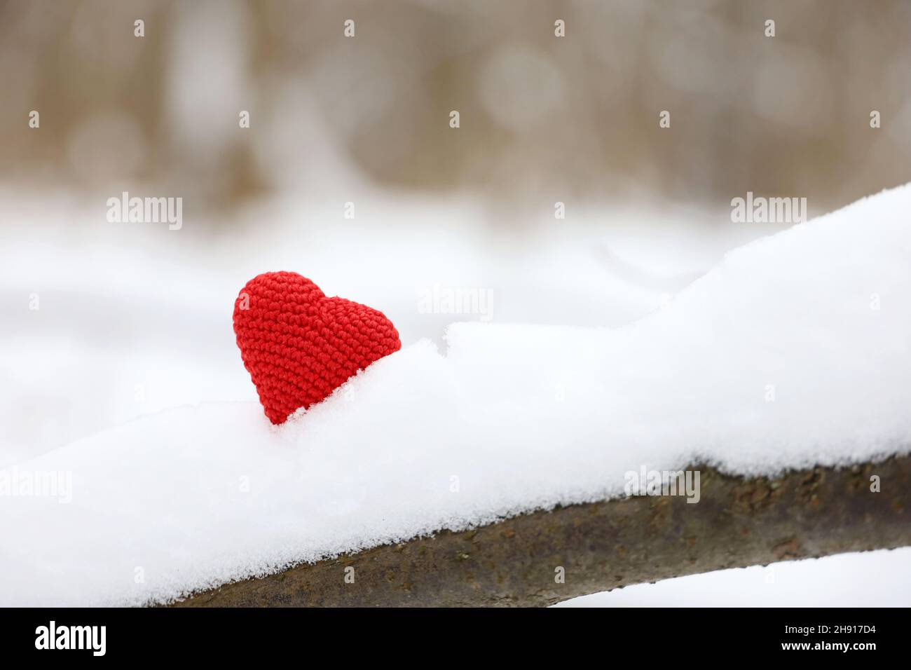Gestricktes rotes Herz im Schnee auf einem Baumzweig im Winterwald. Valentinskarte, Symbole der Liebe, Hintergrund für Weihnachtsfeier Stockfoto