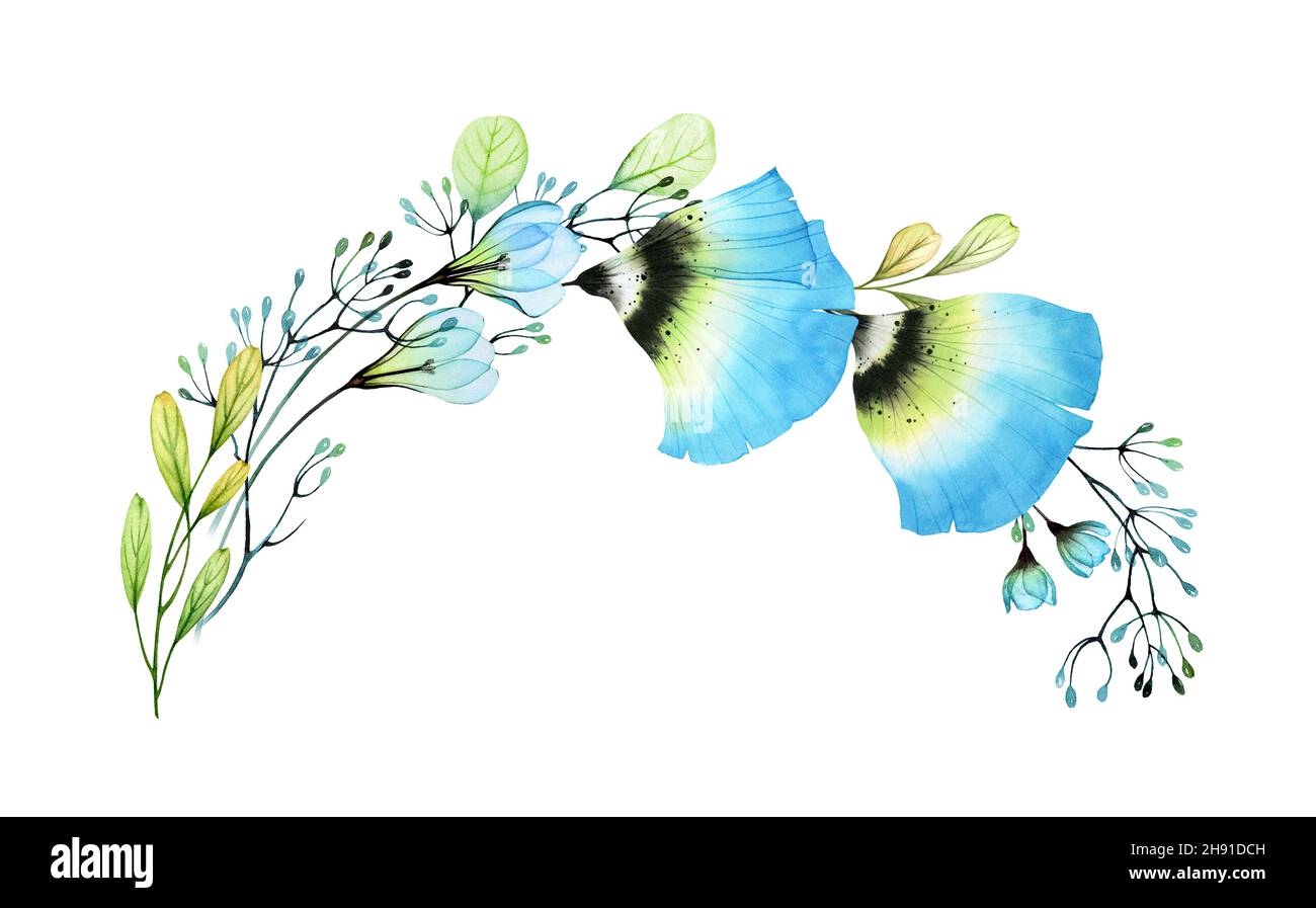 Aquarell geblümter Bogen. Große, blaue, transparente Blüten, Zweige und Blätter. Handgemalte abstrakte isolierte Kunstwerke. Botanische Illustration für den Frühling Stockfoto