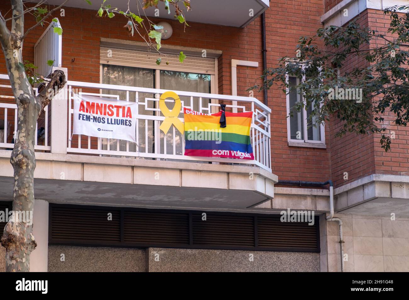 Barcelona, Spanien - 5. November 2021: amnisia fem-nos lliures and LGBTQ Flags, illustrative Editorial. Stockfoto