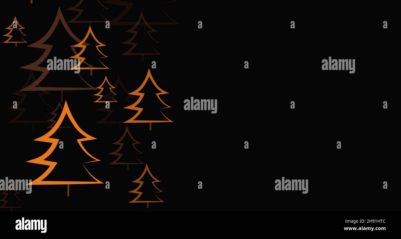 Digitale Zusammenstellung von goldenen weihnachtsbäumen Muster durch Kopierraum auf schwarzem Hintergrund Stockfoto