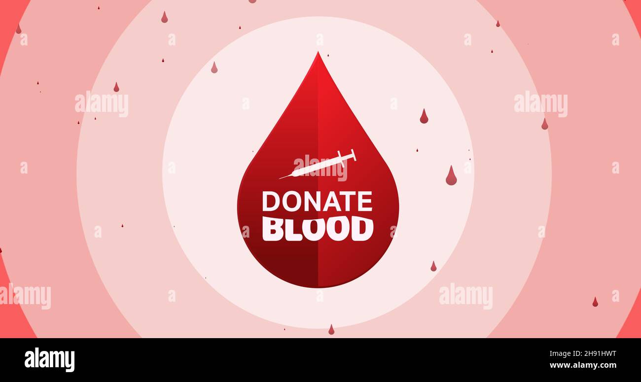 Digitales Composite-Bild von Blutspenden mit Injektion im Tropfen auf abstraktem rosa Hintergrund Stockfoto