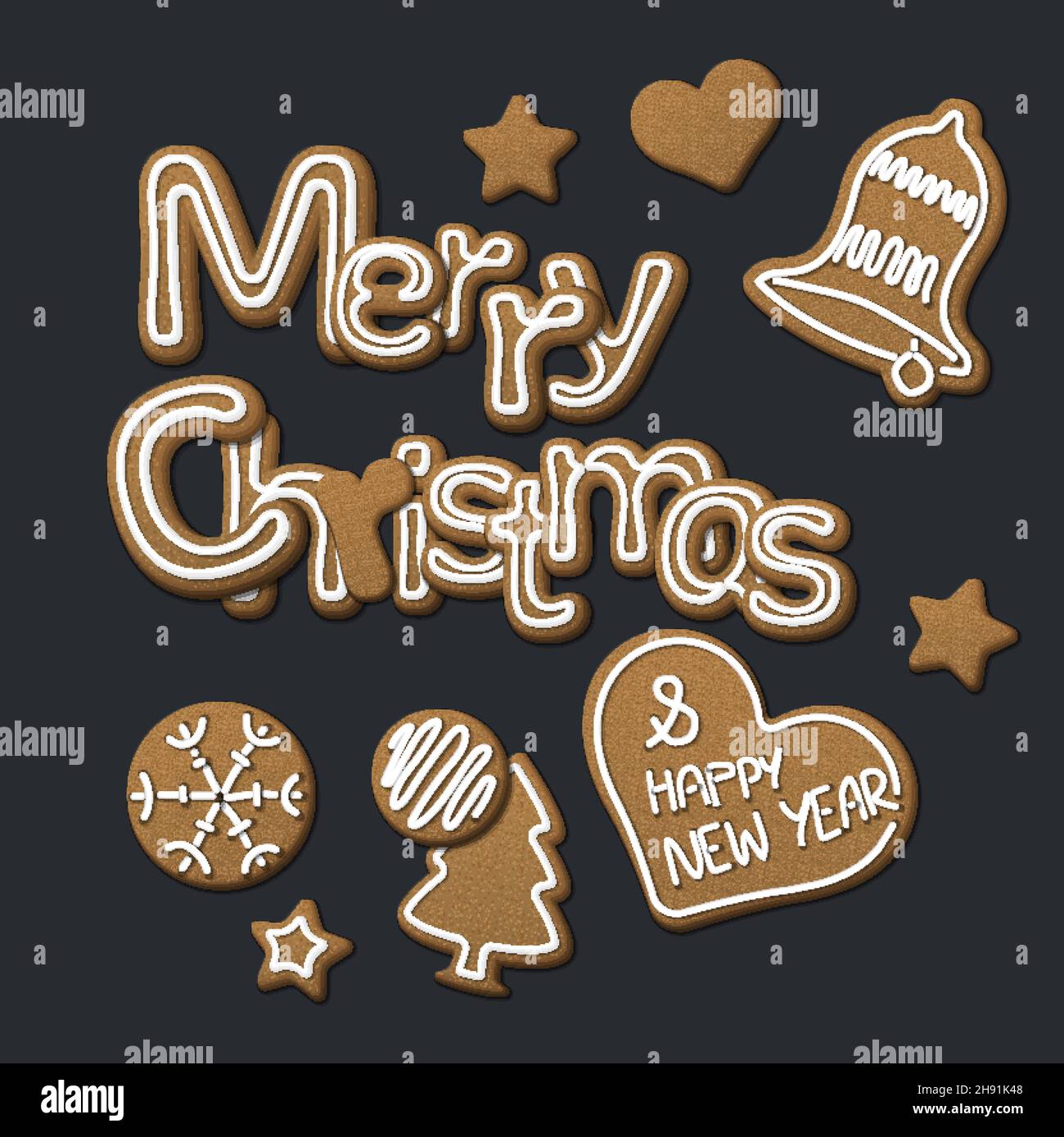 Frohe Weihnachtskarte aus verschiedenen weihnachts-süßen Lebkuchen-Keksen Buchstaben mit weißer Glasur. Schöne Elemente für Ihre Weihnachtskarte oder Social Me Stock Vektor