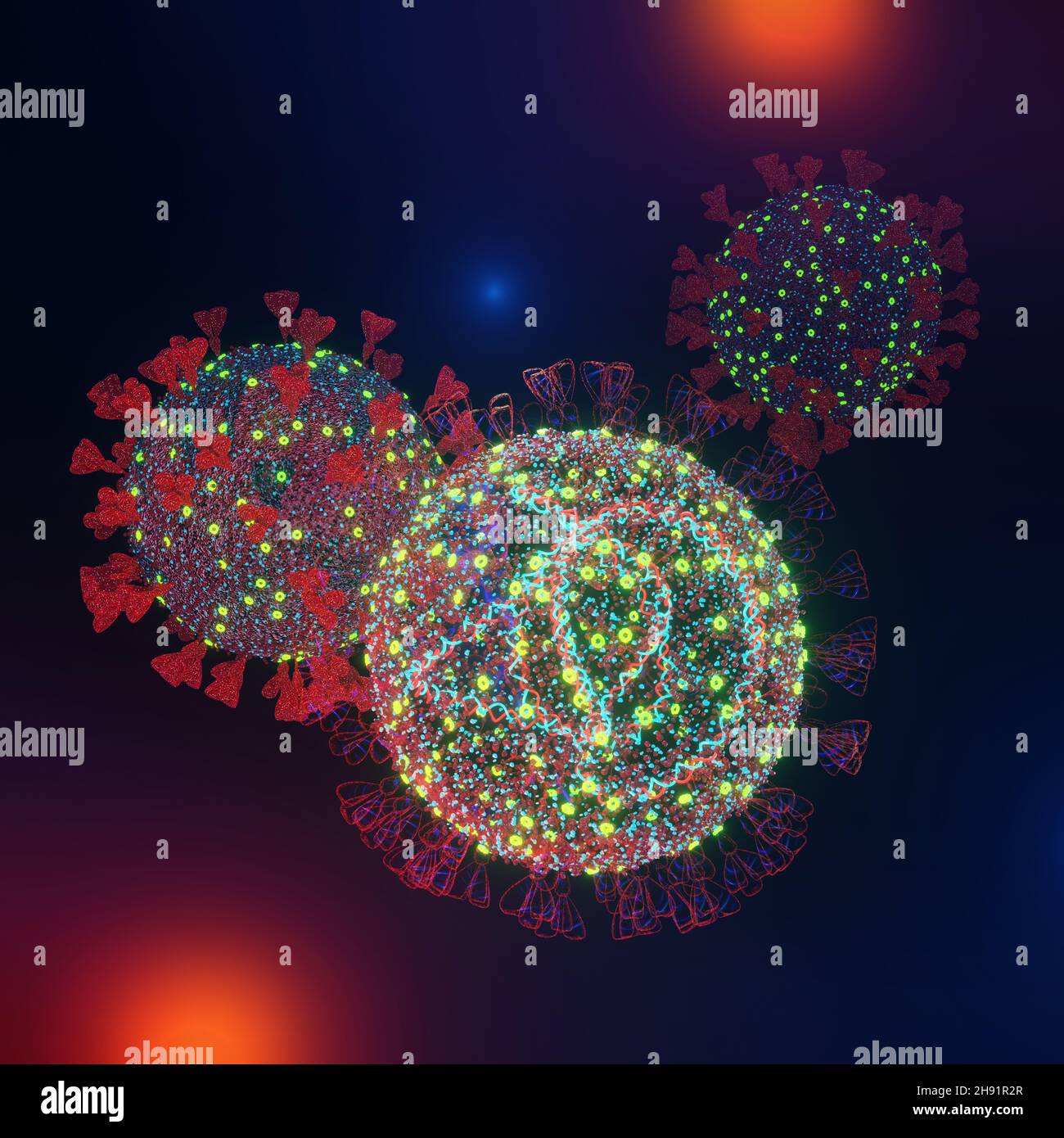 Mutiertes Omicron SARS-CoV-2-Virus, Foreground und SARS-CoV-2-Delta-Stamm, Hintergrund. Elektronenmikroskop Vergrößerung Größe Computermodell, 3D Stockfoto