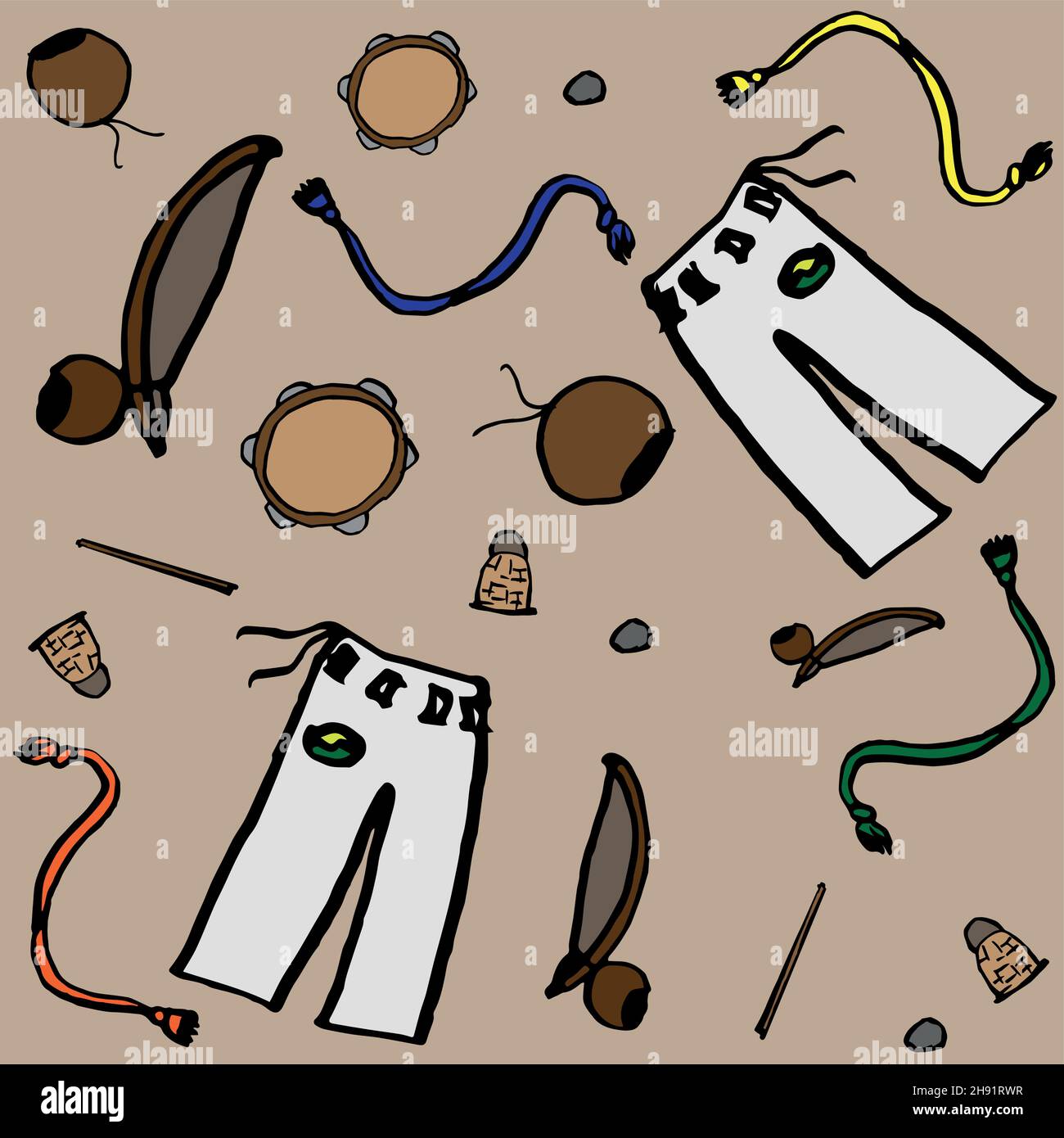 Capoeira Trainingsgerät Set mit Instrumenten und Hose. Lustige Vektor Illustration nahtlose Muster Stock Vektor