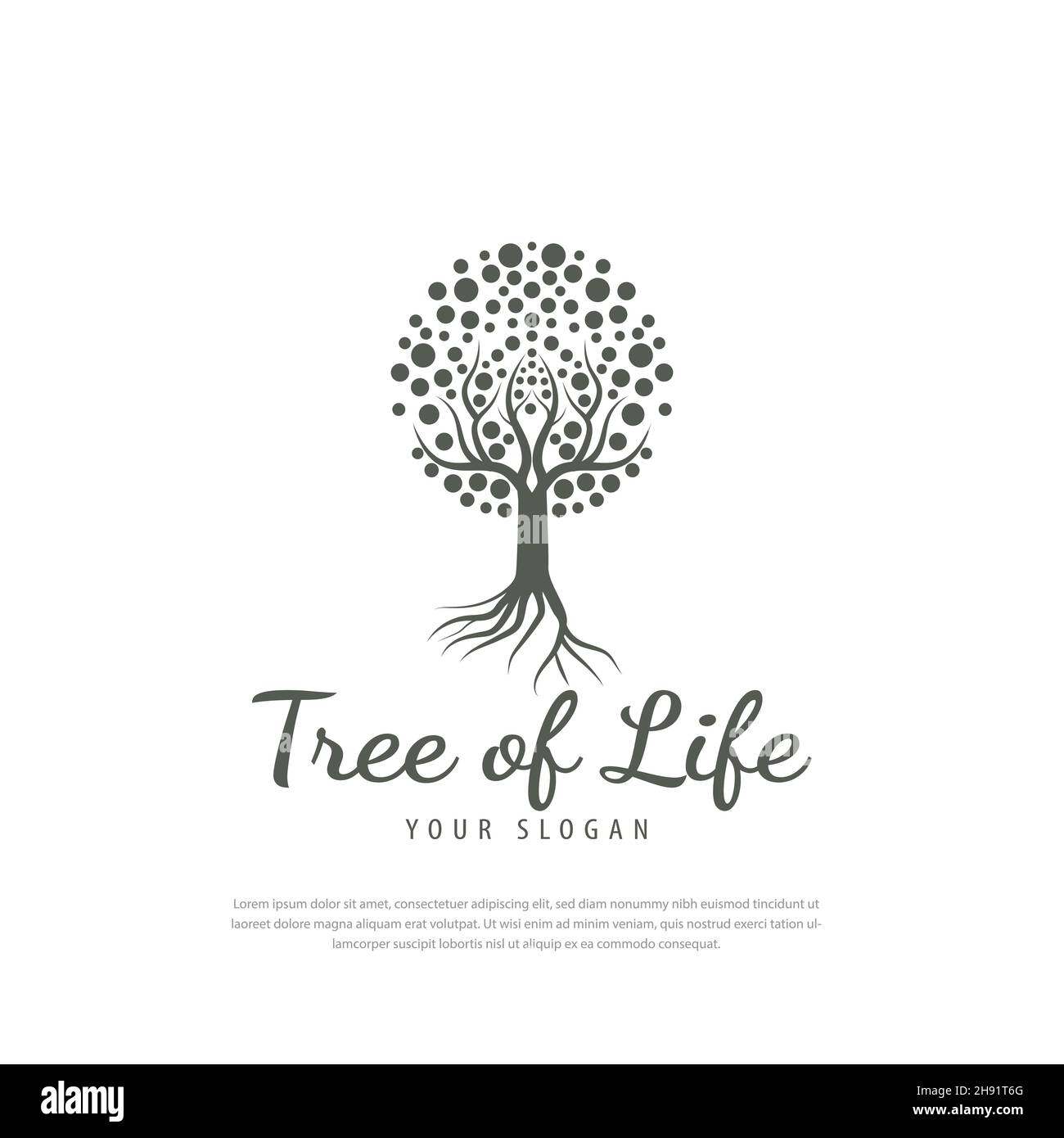 Baum des Lebens Logo Design Wurzel tree.green Pflanze Natur Linie Symbol, grüner Zweig mit Blatt Business-Zeichen-Vektor-Illustration Stock Vektor