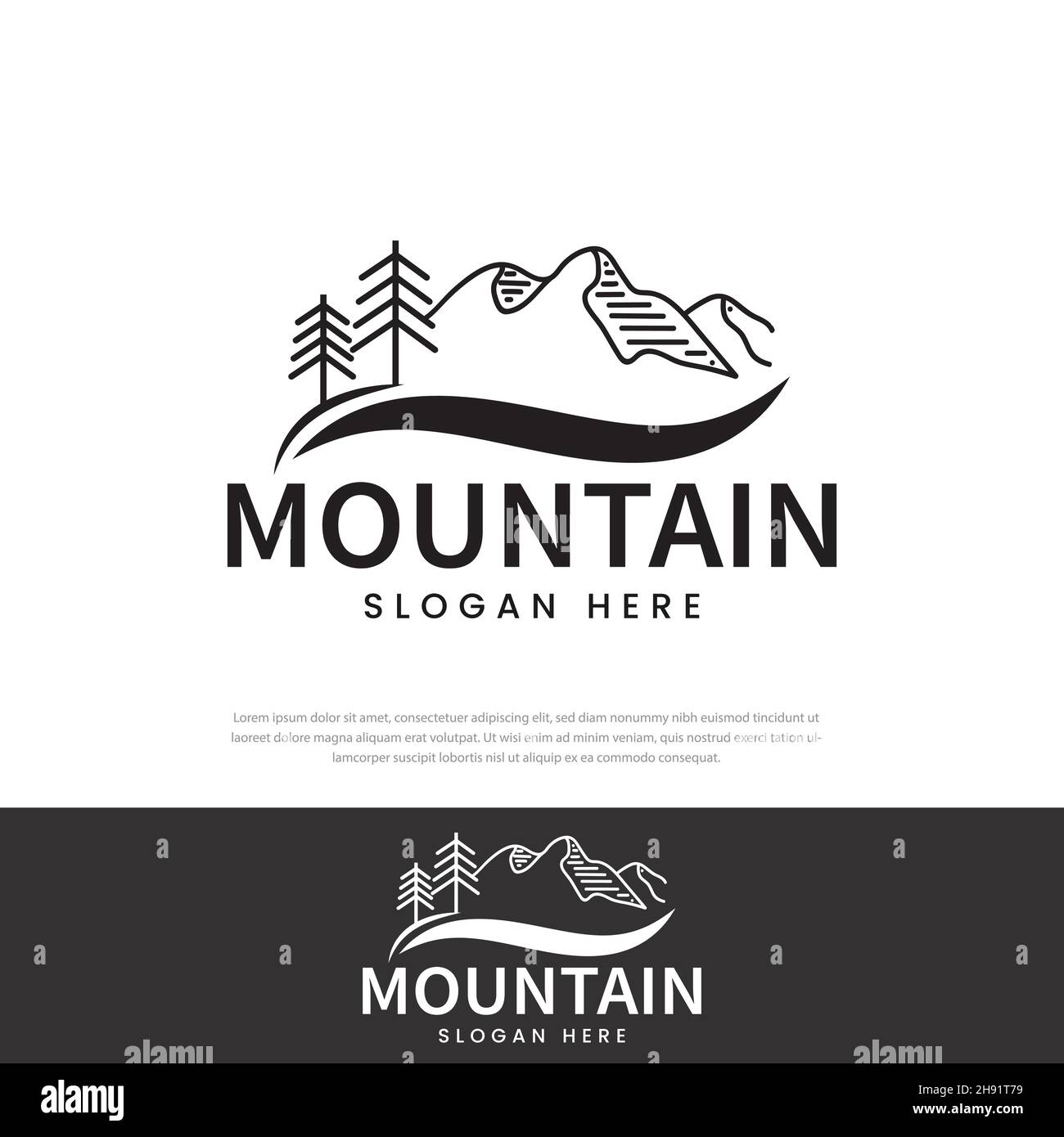 Minimalistisches Landschaftslogo mit Baumhügeln. Einfaches Logo Design Vektor-Symbol, Symbol Illustration Stock Vektor