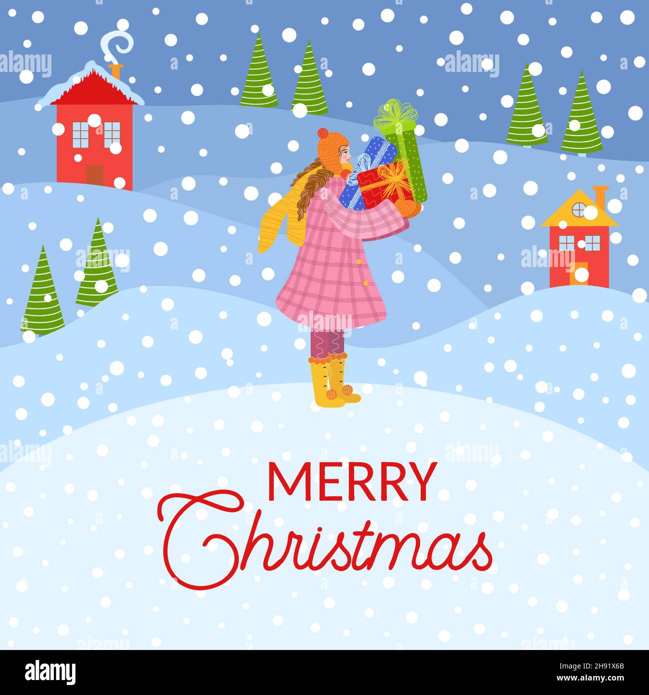 Weihnachten und ein glückliches neues Jahr Illustrationen. Trendiger Retro-Style. Mann mit Geschenken auf Winterlandschaft Stock Vektor