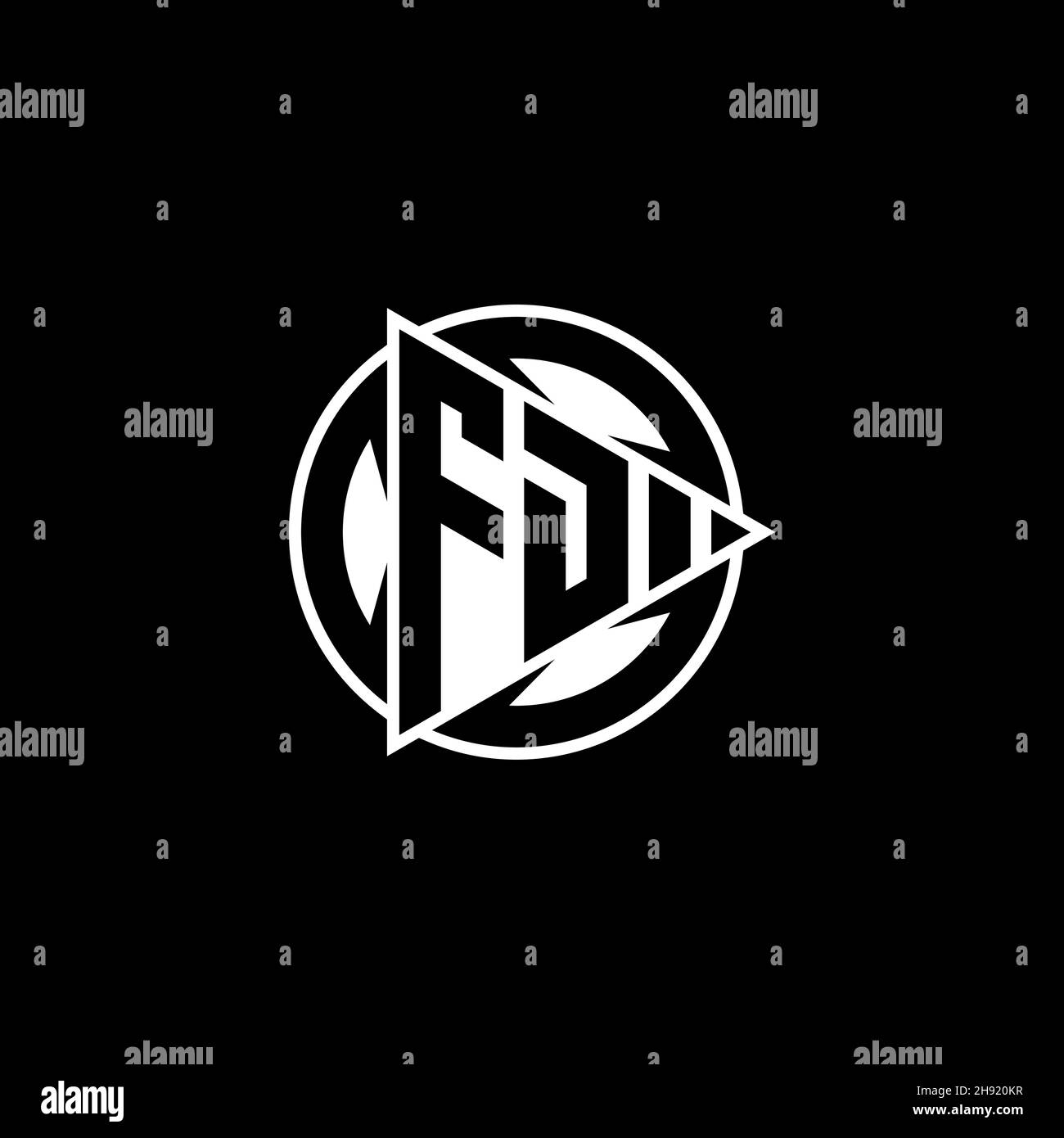 FD Monogram Logo-Buchstabe mit Dreieck-Spielform und kreisrundem Stil auf isoliertem Hintergrund. Dreieck Kreis Monogramm Logo, Dreieck spielen Taste Stock Vektor