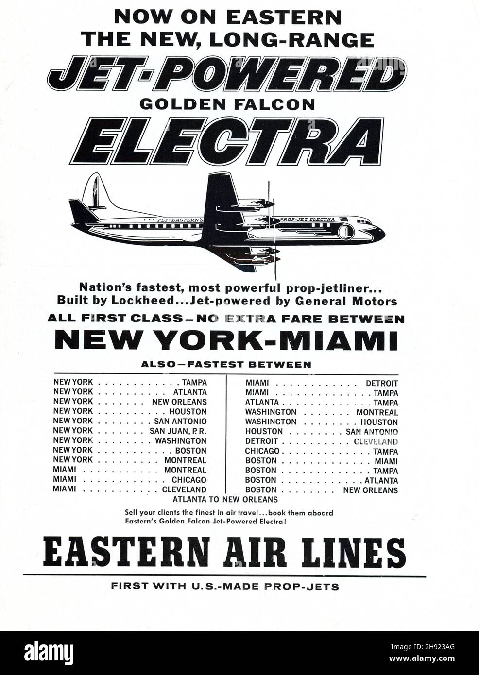 März 1959, ganzseitige Anzeige für das Fachmagazin der Reisebüros für das neue „Jet-powered“ Lockheed Electra-Flugzeug von Eastern Air Lines. Winterdienst von New York nach Miami. Eastern war zwischen 1926 und 1991 in Betrieb. Stockfoto