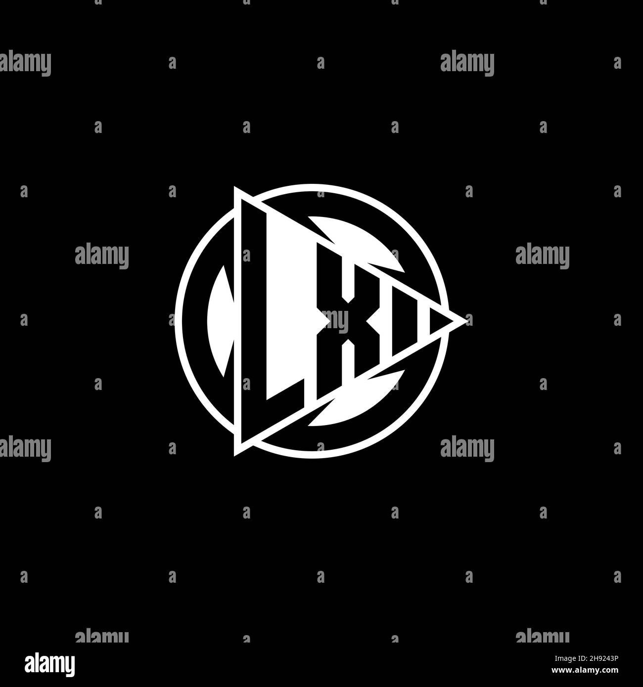 LX Monogram Logo-Buchstabe mit Dreieck-Spielform und kreisrundem Stil auf isoliertem Hintergrund. Dreieck Kreis Monogramm Logo, Dreieck spielen Taste Stock Vektor