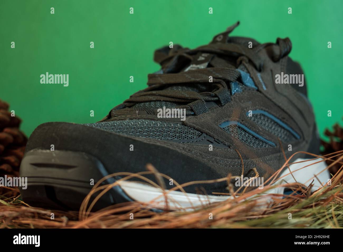 Graue und blaue Trekkingschuhe auf etwas Gras mit grünem Hintergrund Stockfoto